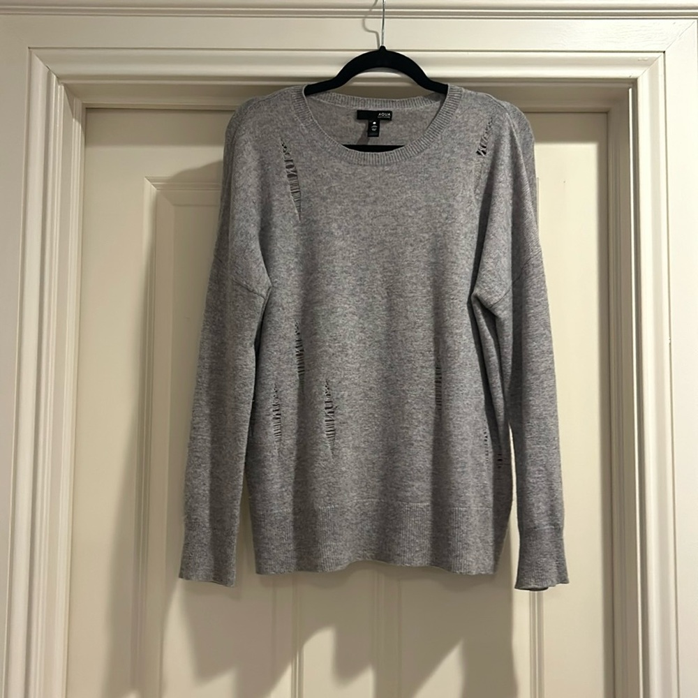Aqua Cashmere Sweater Grey Distressed Size Small